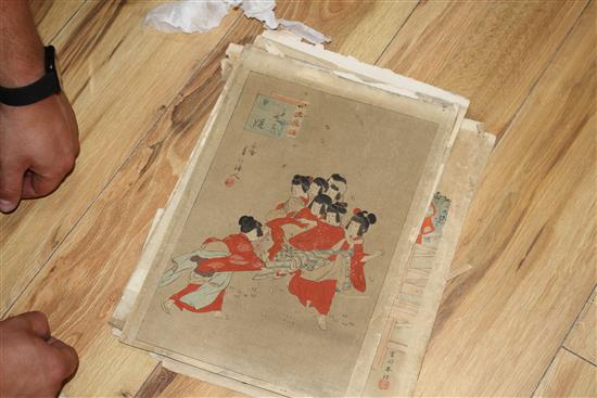 A group of eighteen Japanese woodblock prints, unframed, 36 x 24cm